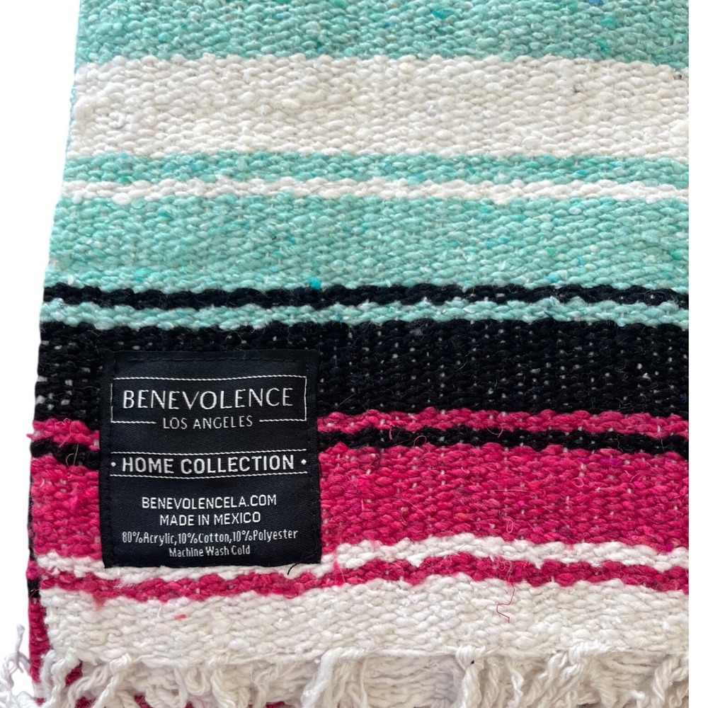 Benevolence LA Mexican Falsa Blanket Turquoise Pink Striped Serape Throw Fringe
